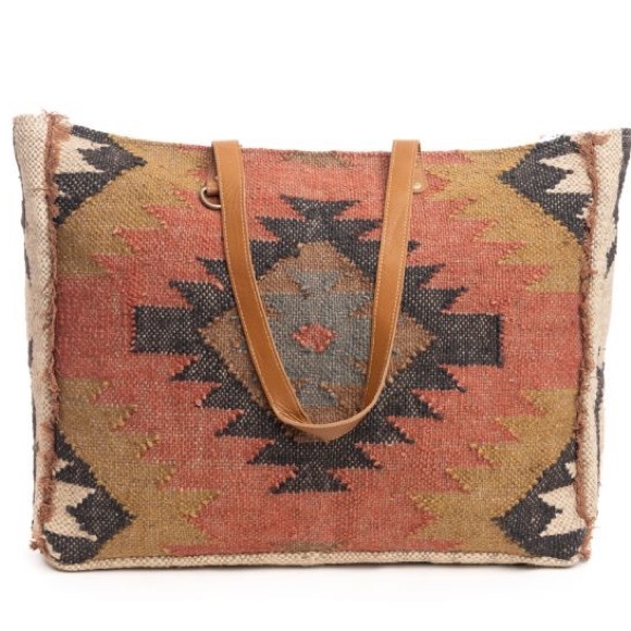 Fall Myra Bag upcycled Rug Canvas Leather Weekender Travel XL extra large Tote - Picture 5 of 7